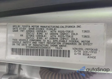 2003 Toyota Tacoma Prerunner V6 из США, поврежденный, VIN 5TEGN92N53Z289815